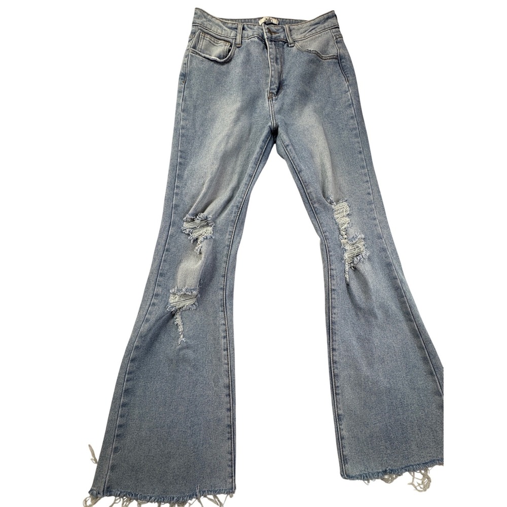 Papaya Distressed Flare Jeans Light Wash Ripped Raw Hem Size 5 High Rise Y2K